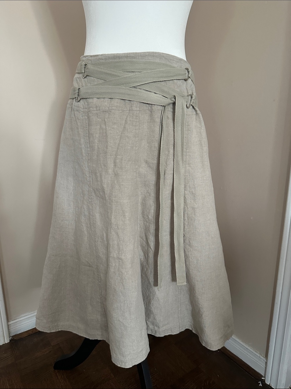 Neutral Wrap-Detail Irish Linen Midi Skirt